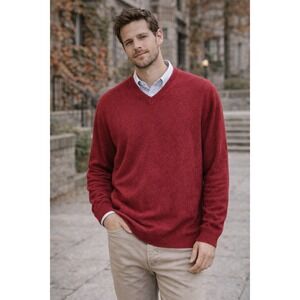 Jos A Bank Cashmere Sweater Mens L  Red V-Neck Classic Timeless Holidays Preppy